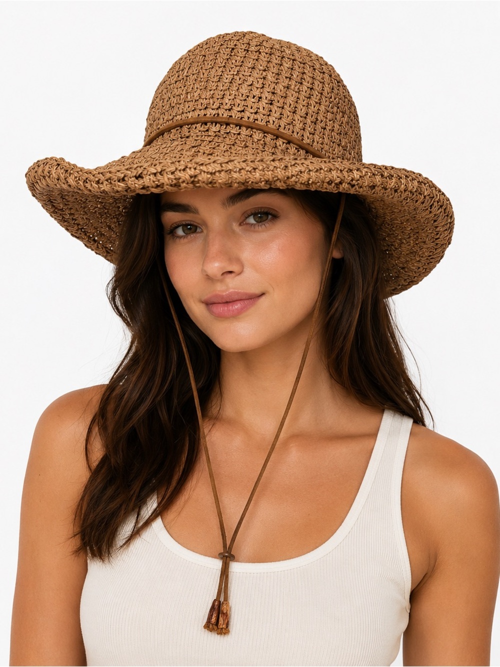 Fiesta Santa Barbara Straw Hat Natural Tan Wide Brim Chin Strap Beach Minimalist